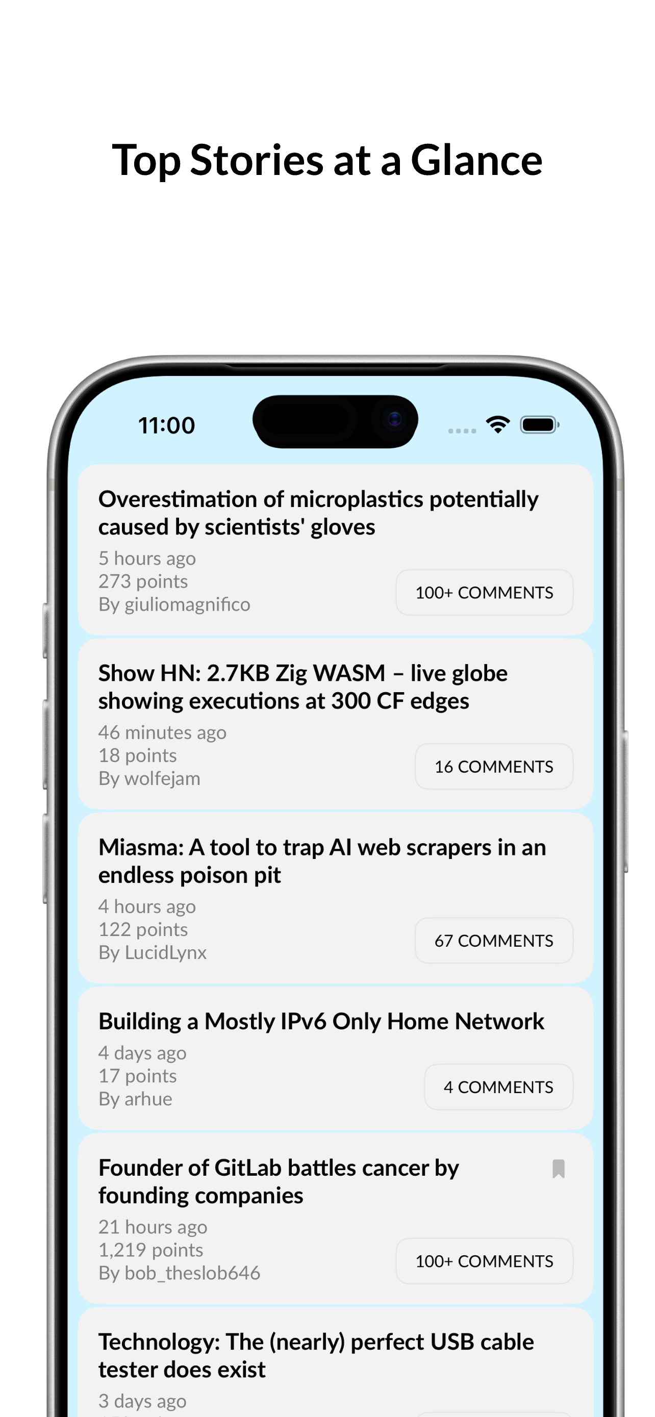 Hackery main feed showing top Hacker News stories