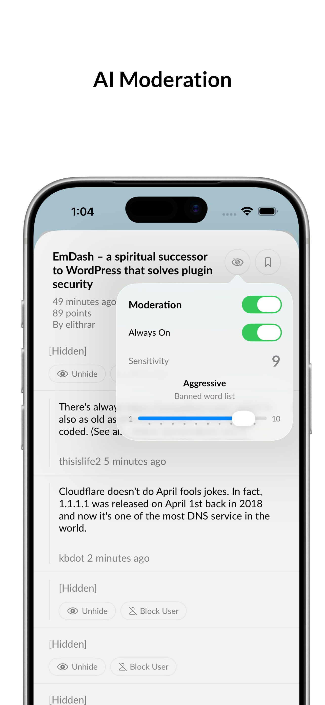 Comment moderation controls in Hackery