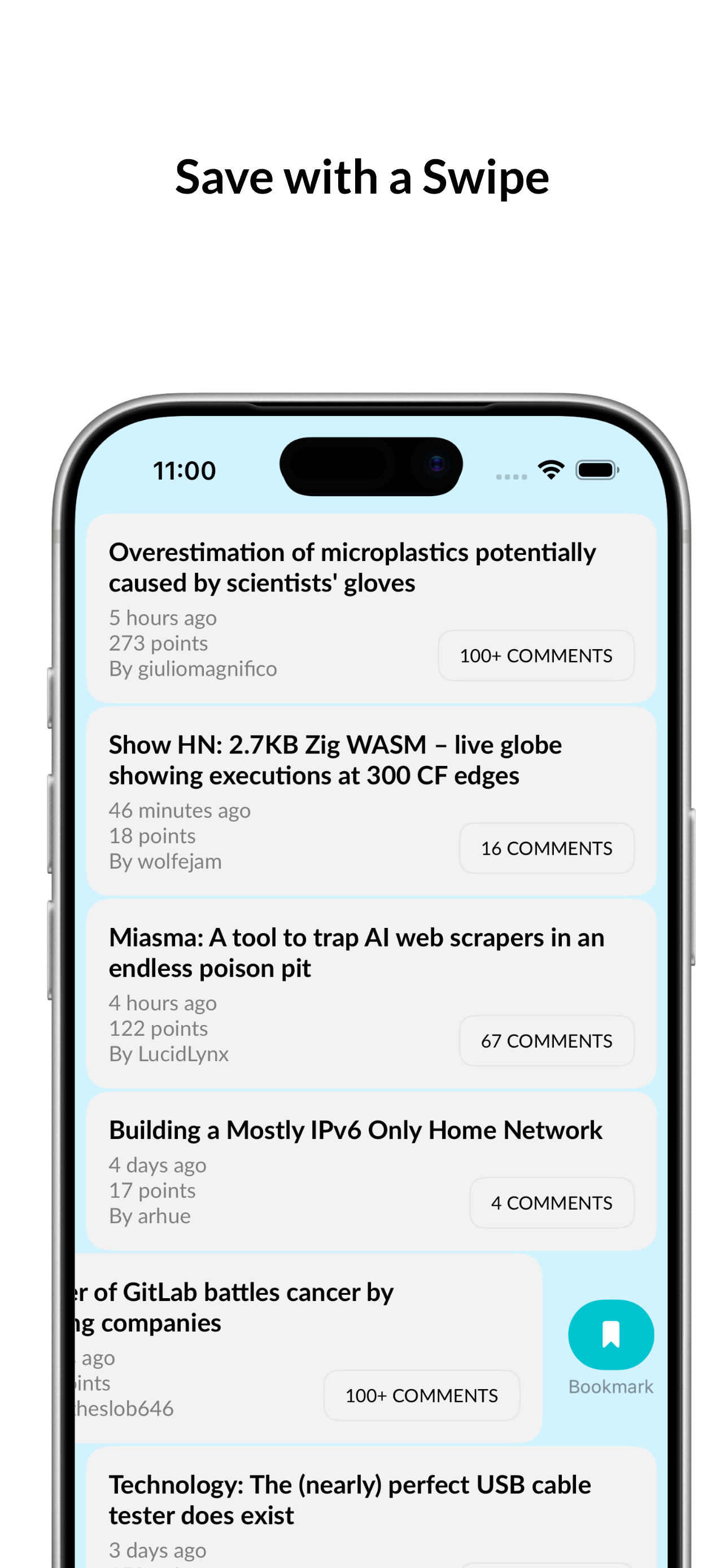Swipe to bookmark a story in Hackery
